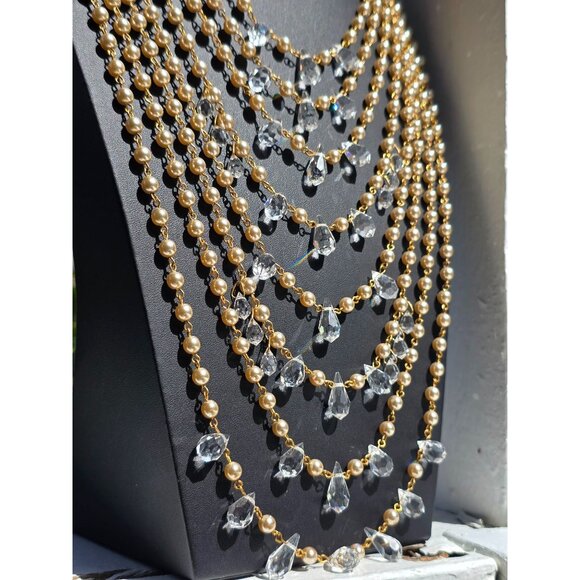 Miriam Haskell 8 Tiered Crystal Gold Pearl Runway Showroom Statement Necklace - Picture 12 of 16